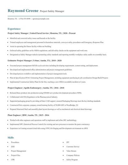 Project Safety Manager Resume