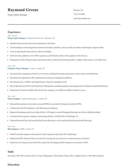 Project Safety Manager Resume