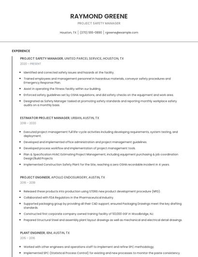 Project Safety Manager Resume