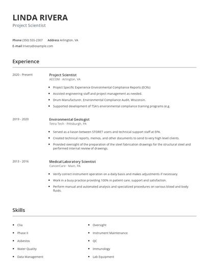 Project Scientist Resume