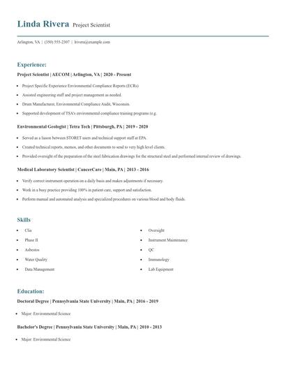 Project Scientist Resume