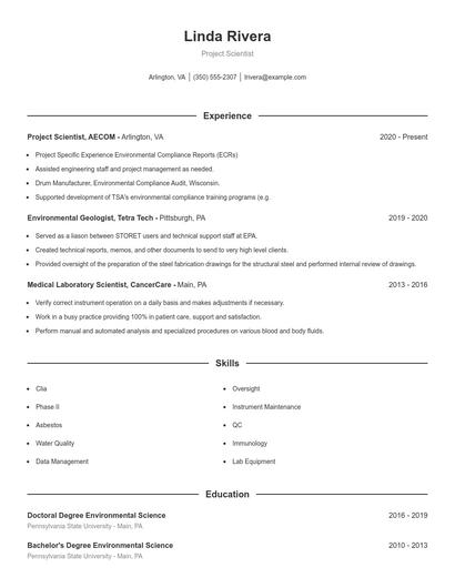 Project Scientist Resume