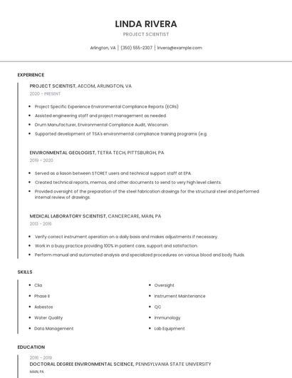 Project Scientist Resume