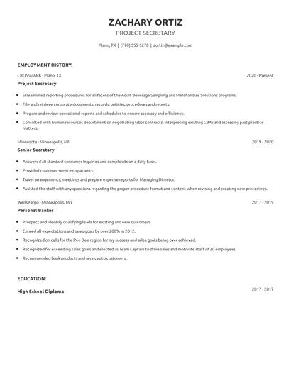 Project Secretary Resume
