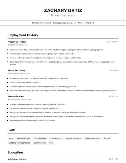 Project Secretary Resume