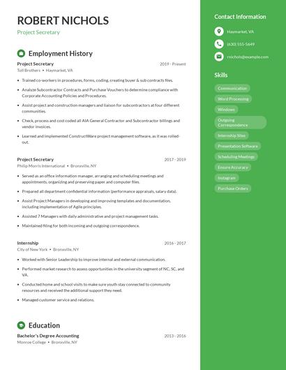 Project Secretary Resume
