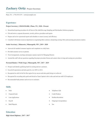 Project Secretary Resume