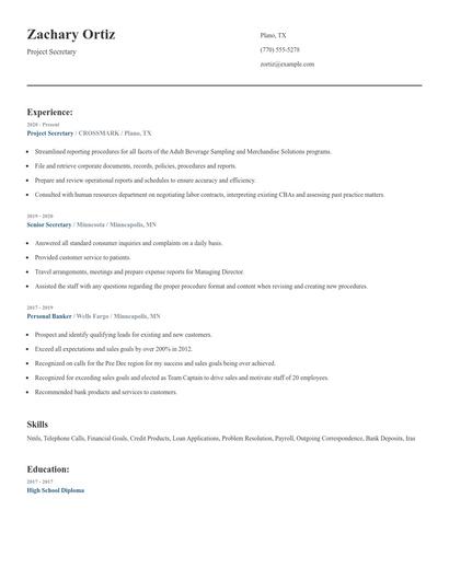 Project Secretary Resume