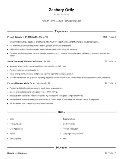 Project Secretary Resume