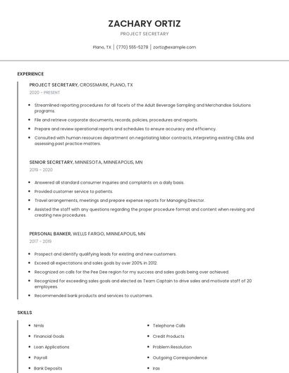Project Secretary Resume