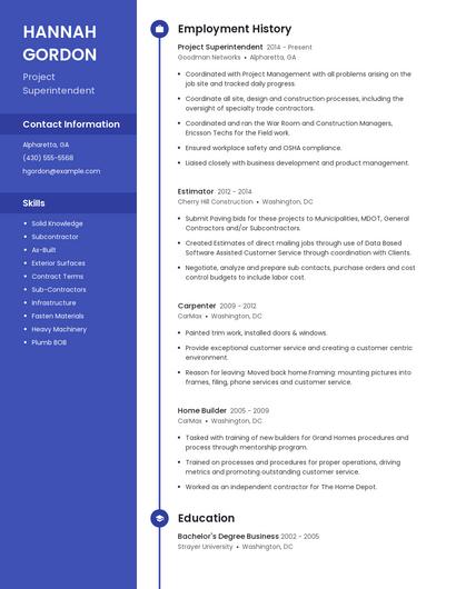 Project Superintendent Resume