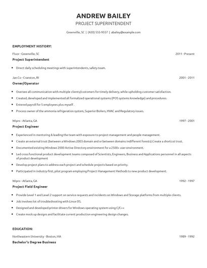 Project Superintendent Resume