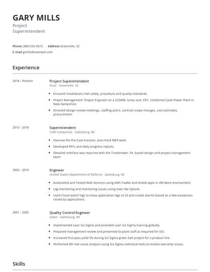 Project Superintendent Resume