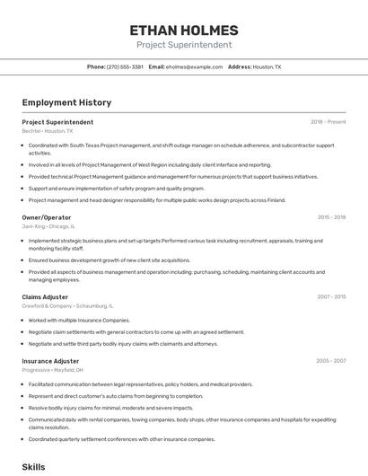Project Superintendent Resume