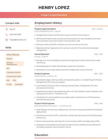 Project Superintendent Resume