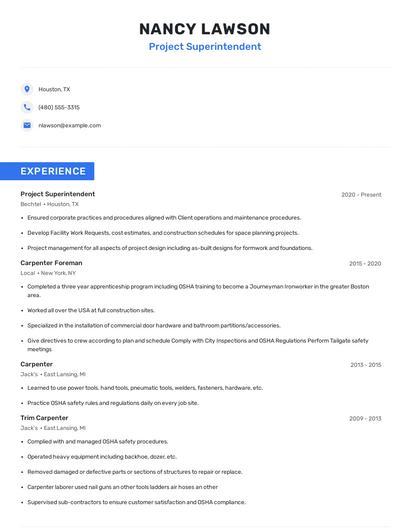 Project Superintendent Resume
