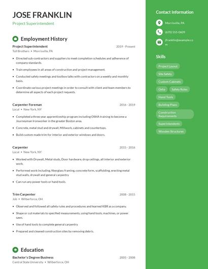 Project Superintendent Resume