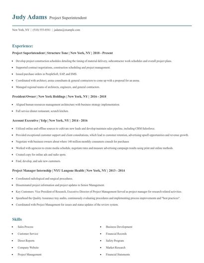 Project Superintendent Resume