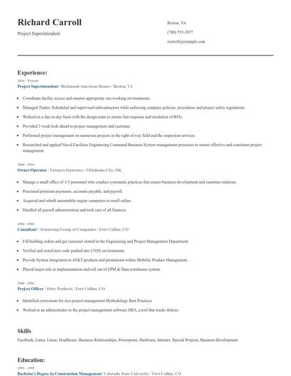 Project Superintendent Resume