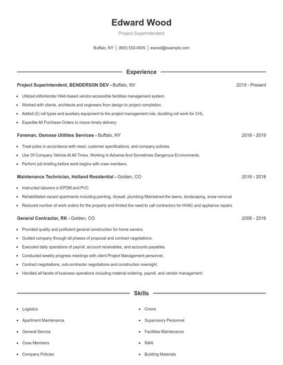 Project Superintendent Resume
