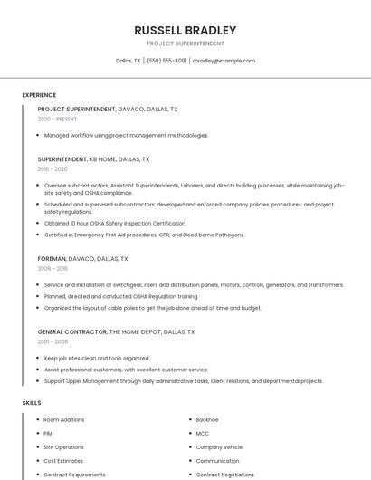 Project Superintendent Resume