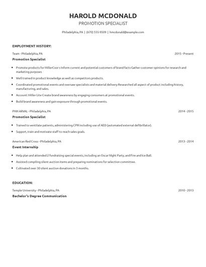 Promotion Specialist Resume