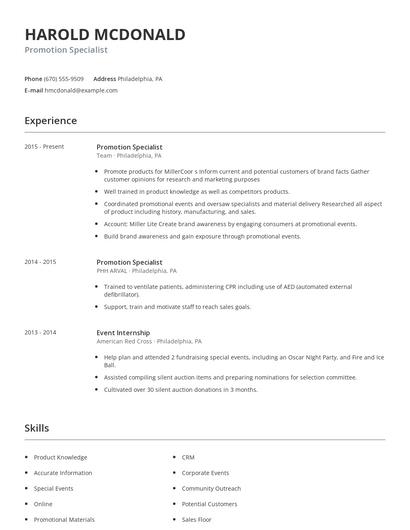 Promotion Specialist Resume