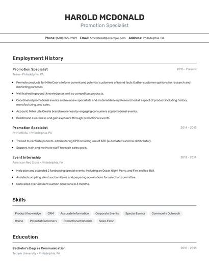 Promotion Specialist Resume
