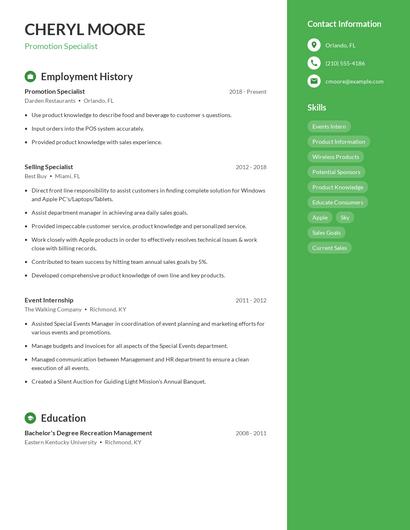 Promotion Specialist Resume
