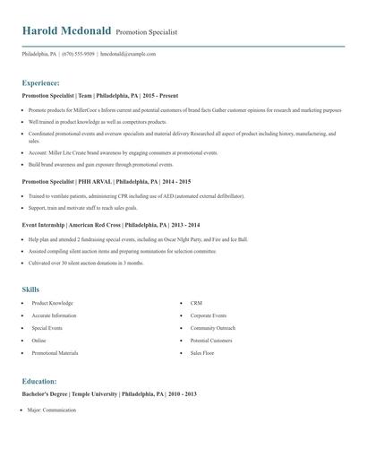 Promotion Specialist Resume