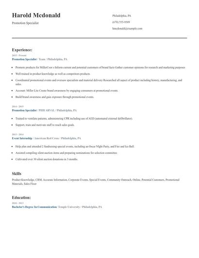 Promotion Specialist Resume