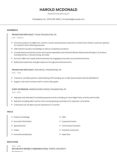 Promotion Specialist Resume