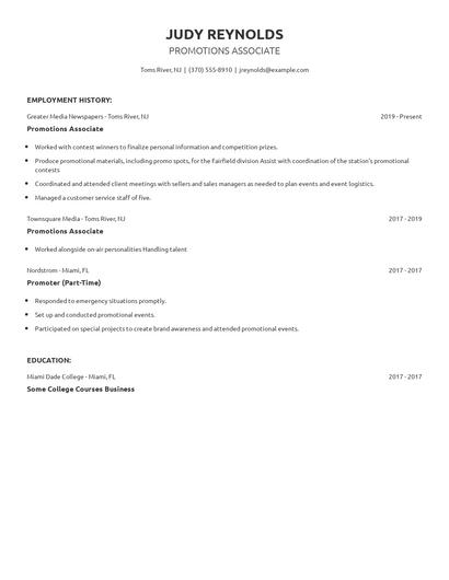 Promotions Associate Resume