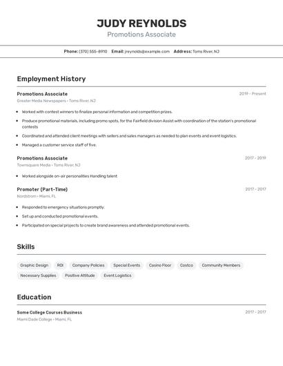 Promotions Associate Resume
