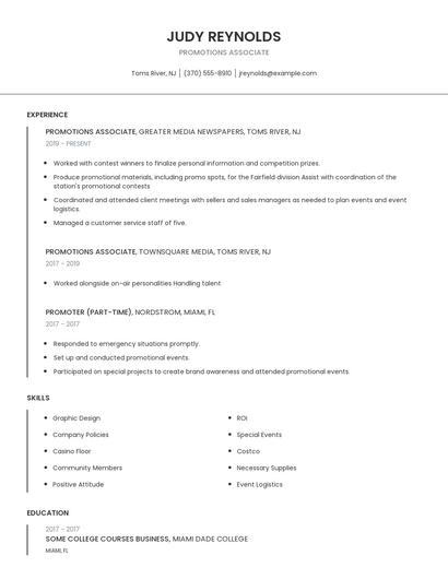 Promotions Associate Resume