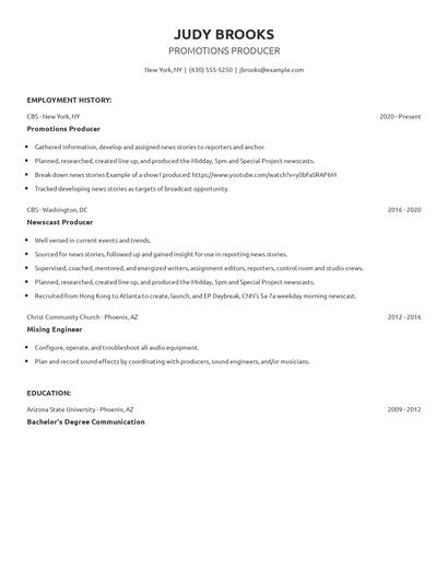 Promotions Producer Resume