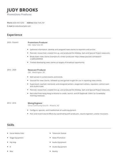 Promotions Producer Resume