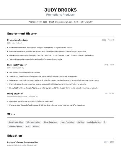 Promotions Producer Resume