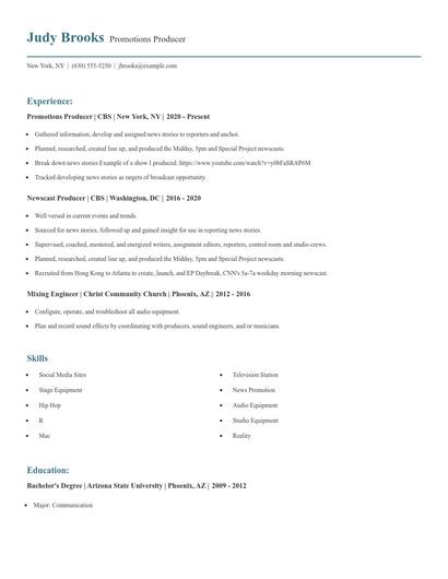 Promotions Producer Resume