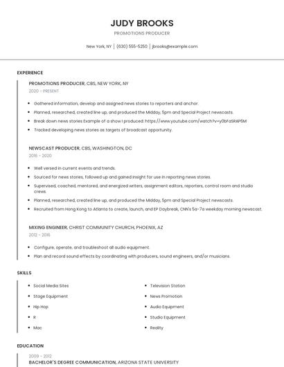 Promotions Producer Resume