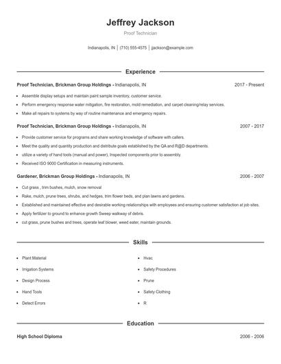 Proof Technician Resume