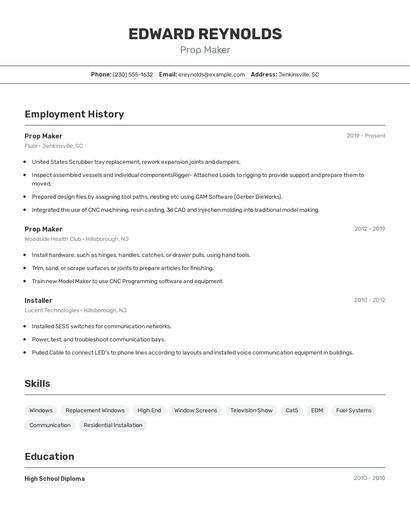 Prop Maker Resume