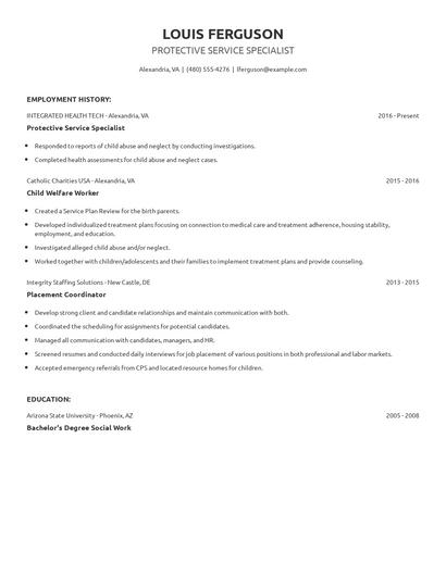 Protective Service Specialist Resume