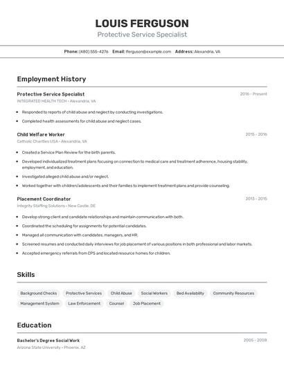 Protective Service Specialist Resume