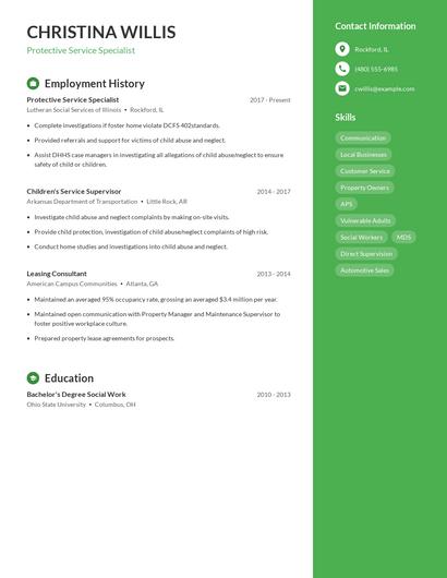 Protective Service Specialist Resume