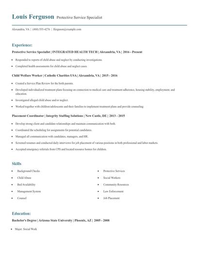 Protective Service Specialist Resume