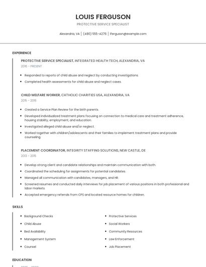 Protective Service Specialist Resume
