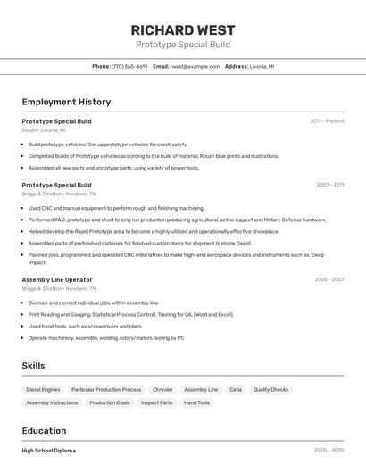 Prototype Special Build Resume