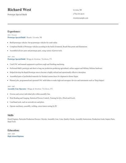 Prototype Special Build Resume