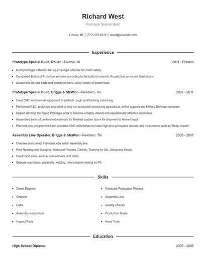 Prototype Special Build Resume